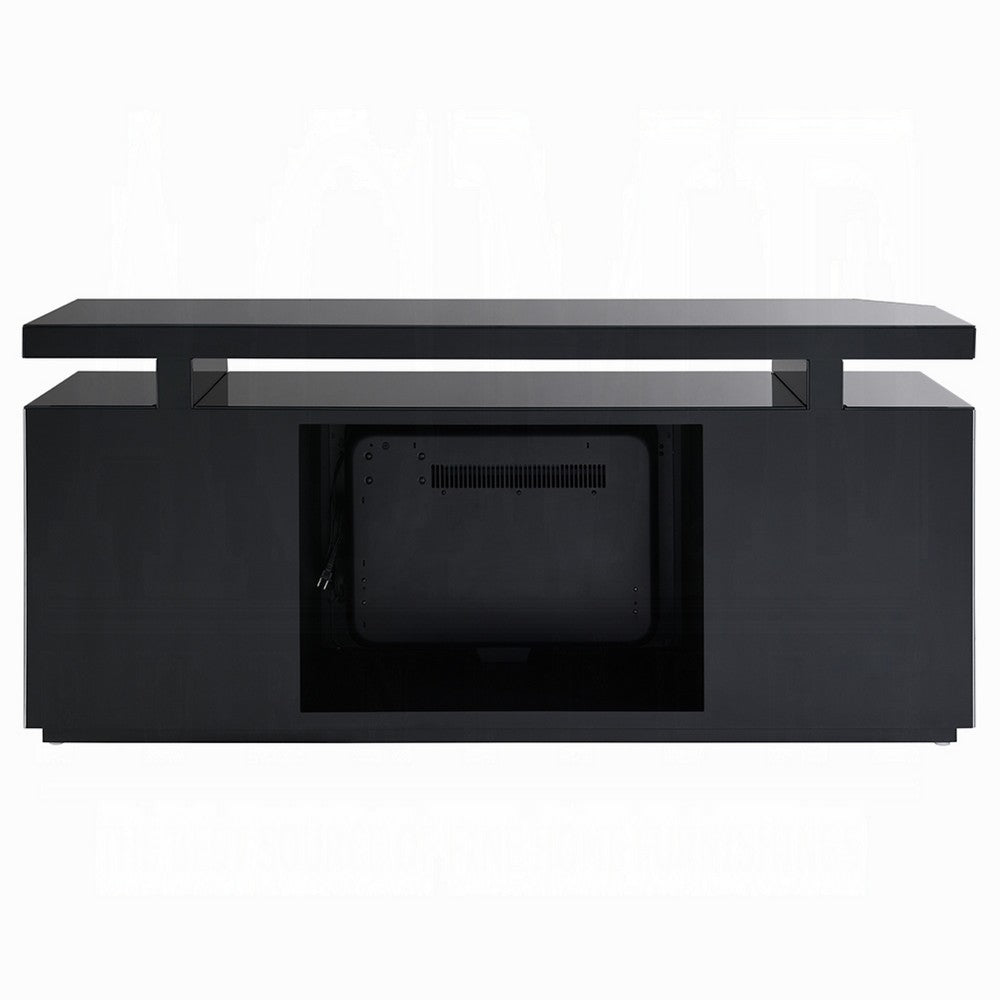 TV Stand Media Cabinet w Firecore LED Fireplace | 2 Doors | Black Glass 59"