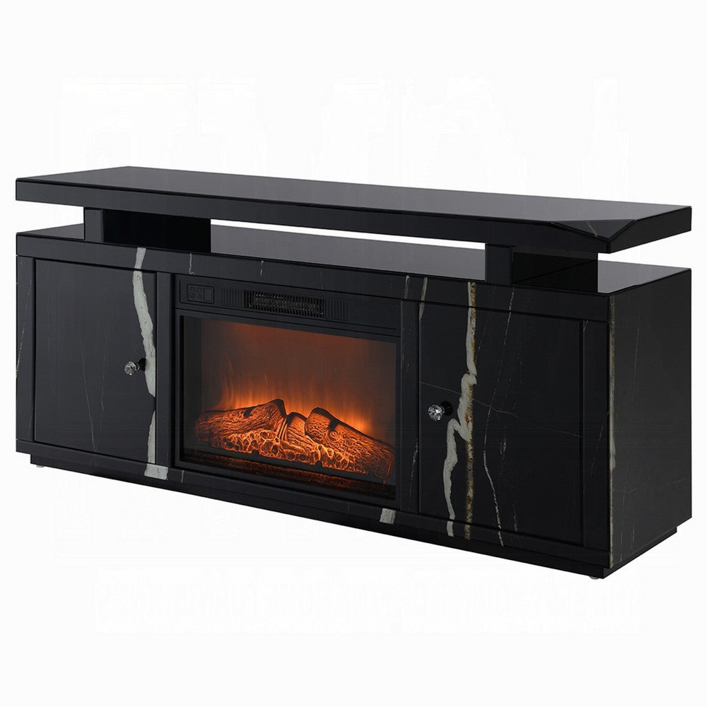 TV Stand Media Cabinet w Firecore LED Fireplace | 2 Doors | Black Glass 59"