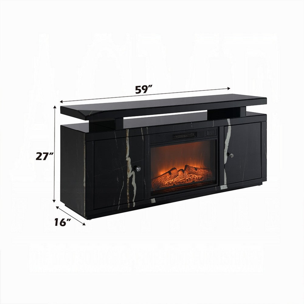 TV Stand Media Cabinet w Firecore LED Fireplace | 2 Doors | Black Glass 59"