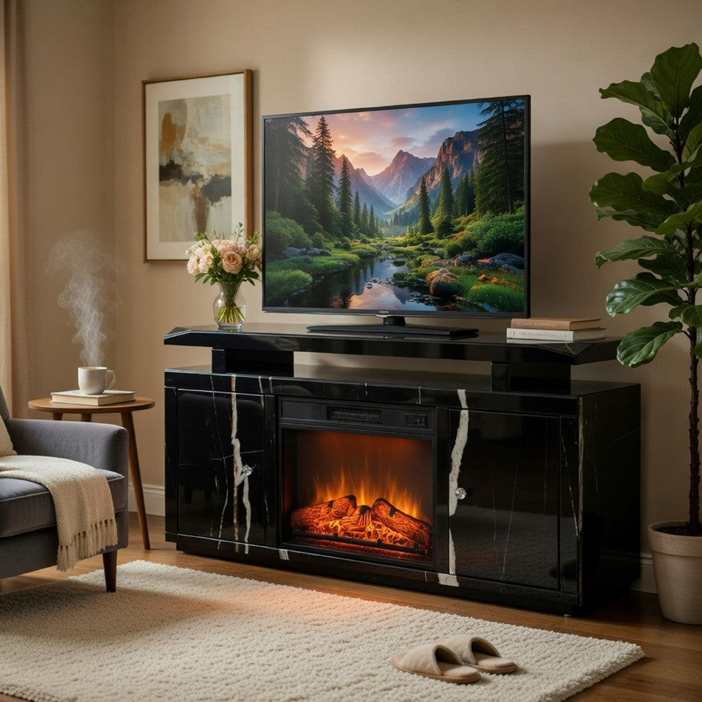 TV Stand Media Cabinet w Firecore LED Fireplace | 2 Doors | Black Glass 59"