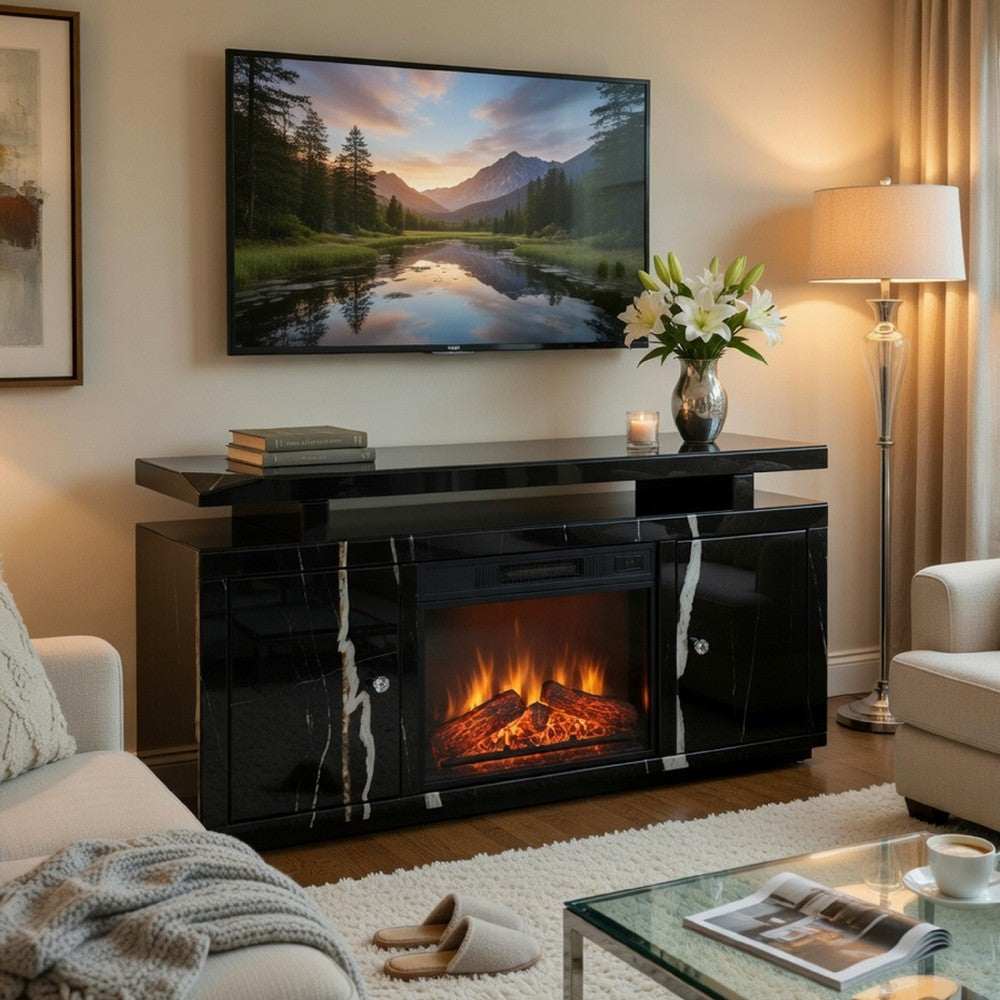 TV Stand Media Cabinet w Firecore LED Fireplace | 2 Doors | Black Glass 59"
