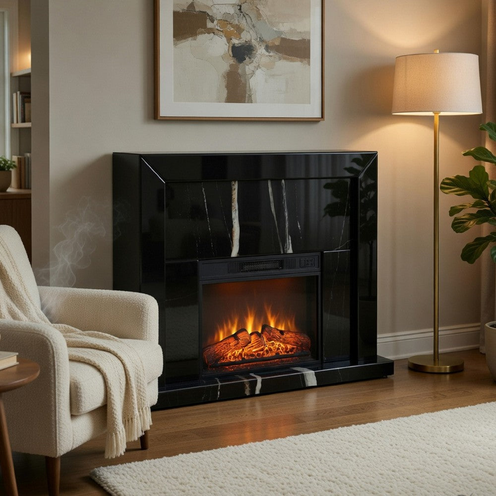 LED Fireplace with Timer | Adjustable Brightness | Black Mirrored Glass 47"