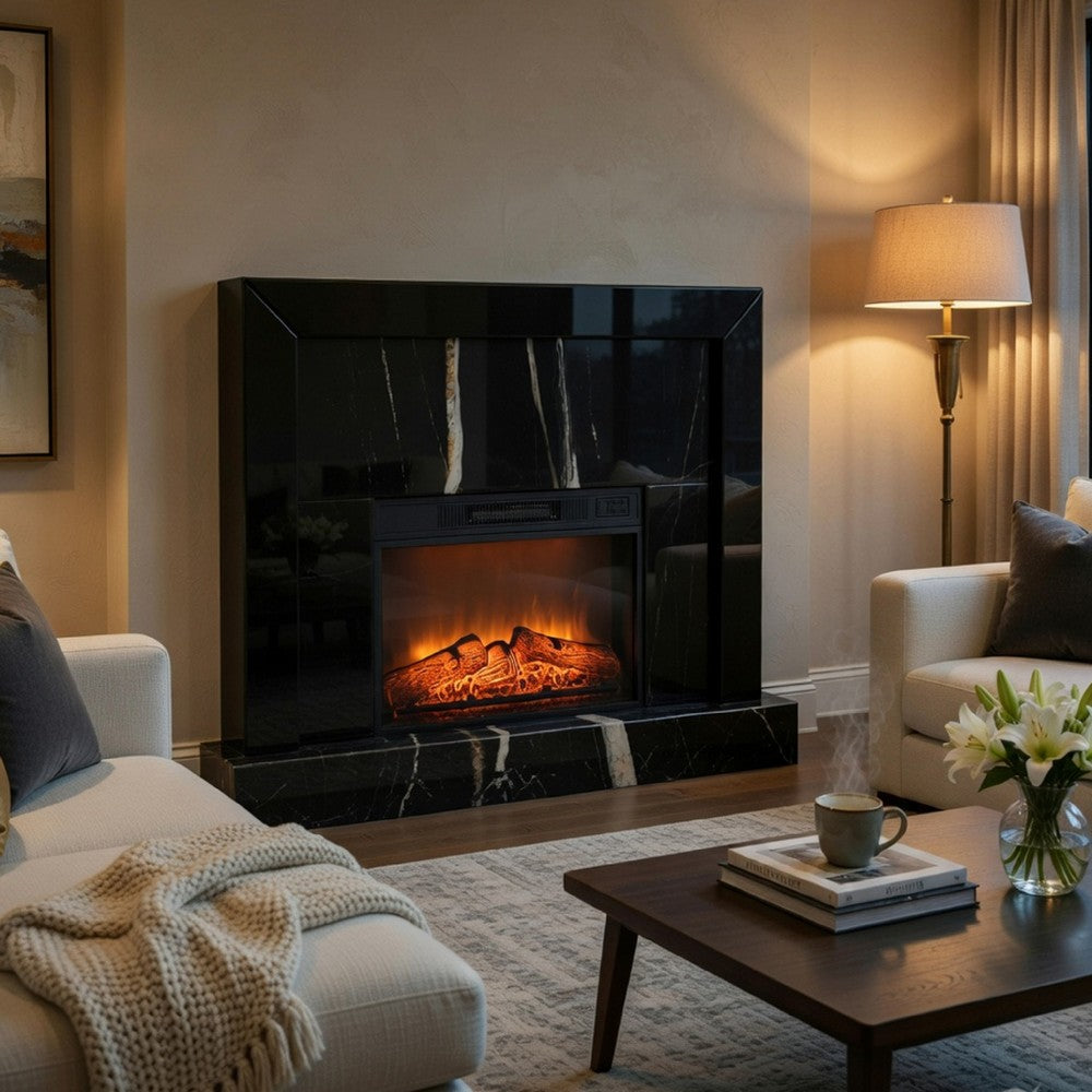 LED Fireplace with Timer | Adjustable Brightness | Black Mirrored Glass 47"