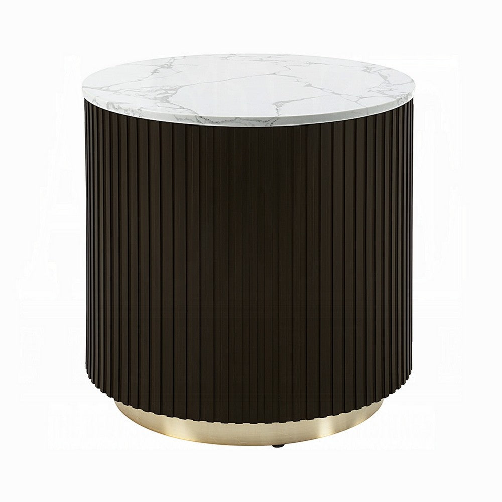Jeh Side End Table | Faux Marble Top | Metal Trim | Fluted Brown Wood 20"