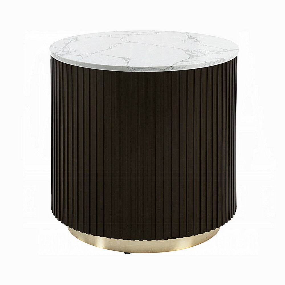Jeh Side End Table | Faux Marble Top | Metal Trim | Fluted Brown Wood 20"