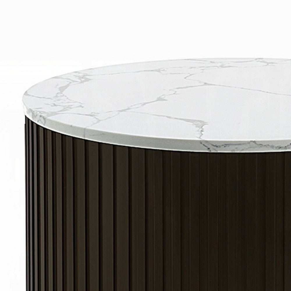 Jeh Side End Table | Faux Marble Top | Metal Trim | Fluted Brown Wood 20"