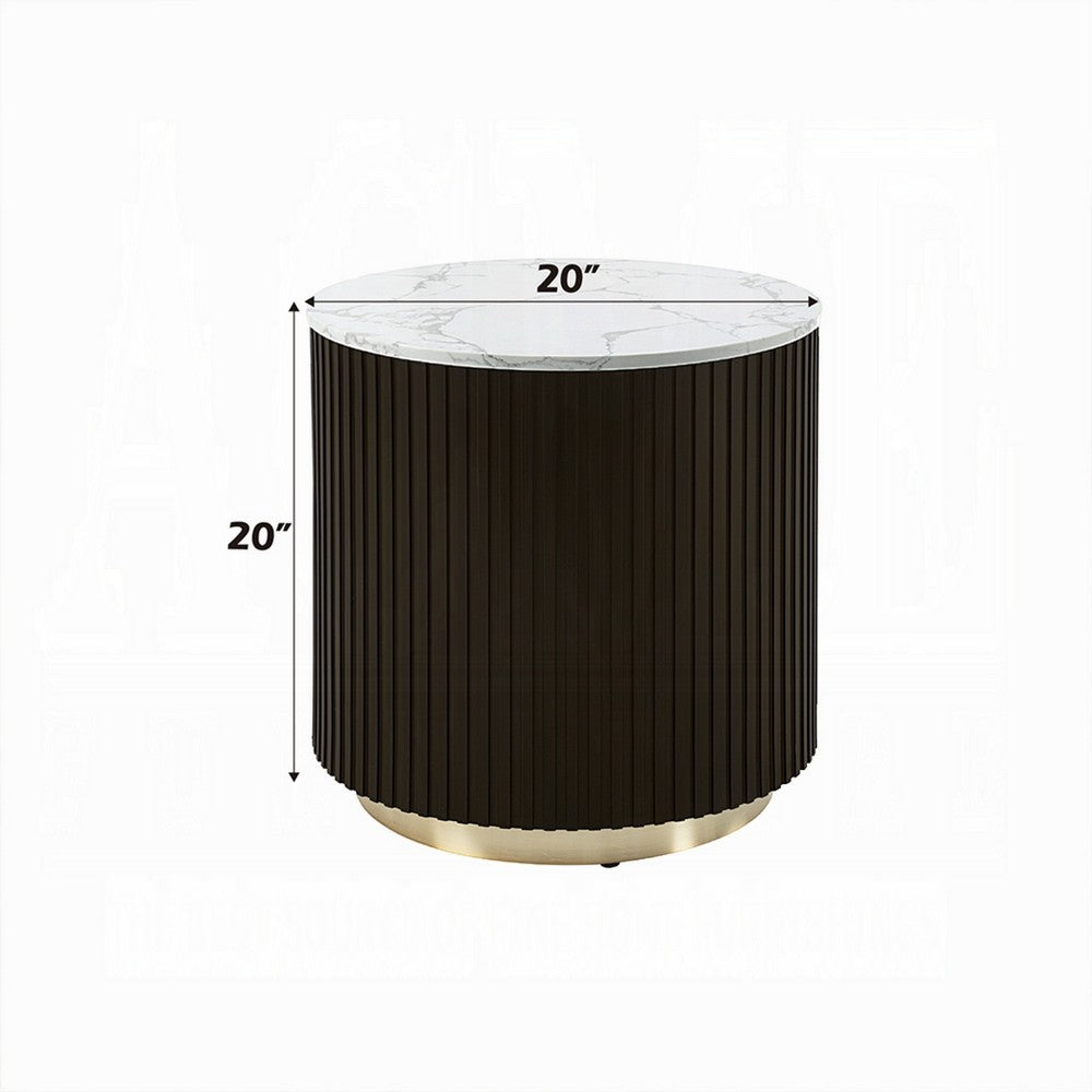 Jeh Side End Table | Faux Marble Top | Metal Trim | Fluted Brown Wood 20"