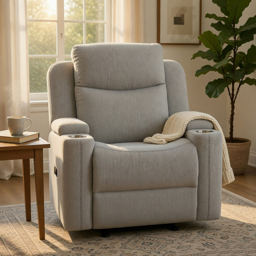 Alya Manual Motion Glider Recliner Chair | Storage Arms Light Gray Chenille