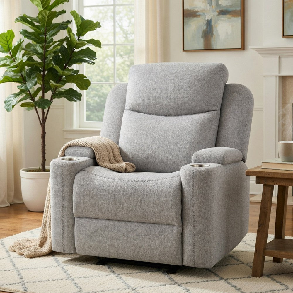 Alya Manual Motion Glider Recliner Chair | Storage Arms Light Gray Chenille