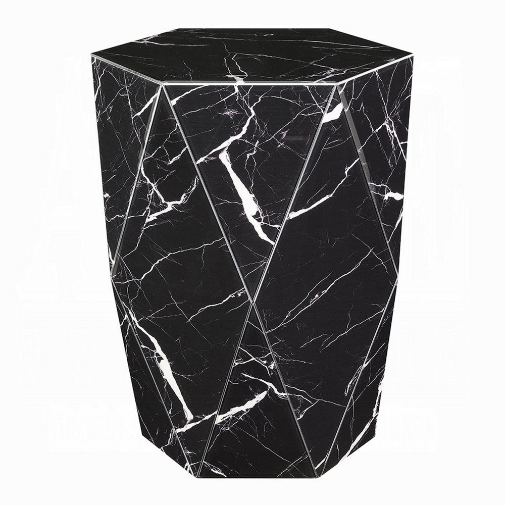 Kia Side End Table | Modern Hex Drum Shape | Faceted Black Glass 19"