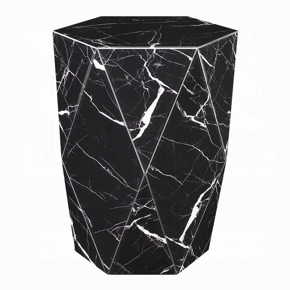 Kia Side End Table | Modern Hex Drum Shape | Faceted Black Glass 19"