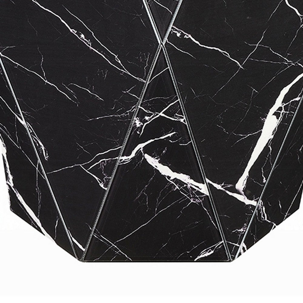 Kia Side End Table | Modern Hex Drum Shape | Faceted Black Glass 19"