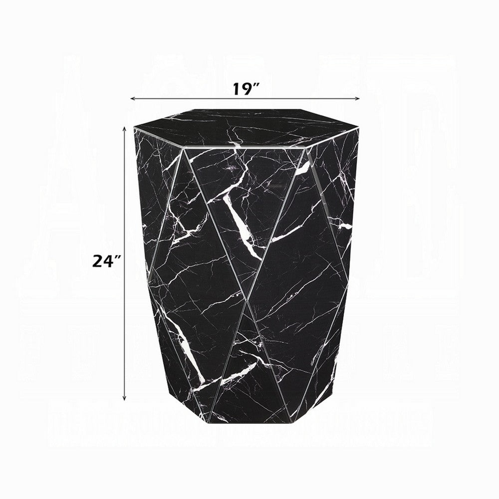 Kia Side End Table | Modern Hex Drum Shape | Faceted Black Glass 19"