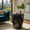 Kia Side End Table | Modern Hex Drum Shape | Faceted Black Glass 19"