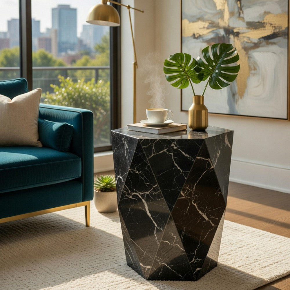 Kia Side End Table | Modern Hex Drum Shape | Faceted Black Glass 19"