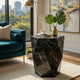 Kia Side End Table | Modern Hex Drum Shape | Faceted Black Glass 19"