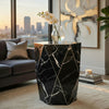 Kia Side End Table | Modern Hex Drum Shape | Faceted Black Glass 19"