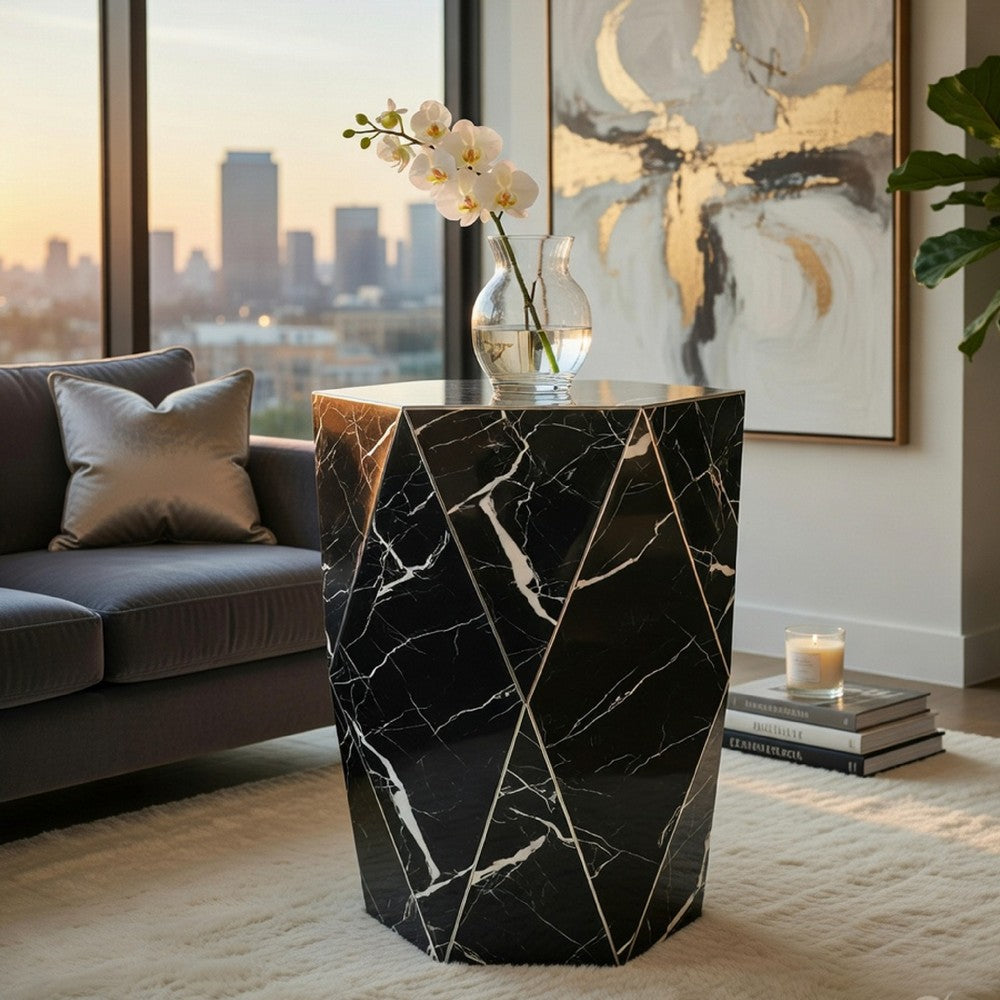 Kia Side End Table | Modern Hex Drum Shape | Faceted Black Glass 19"