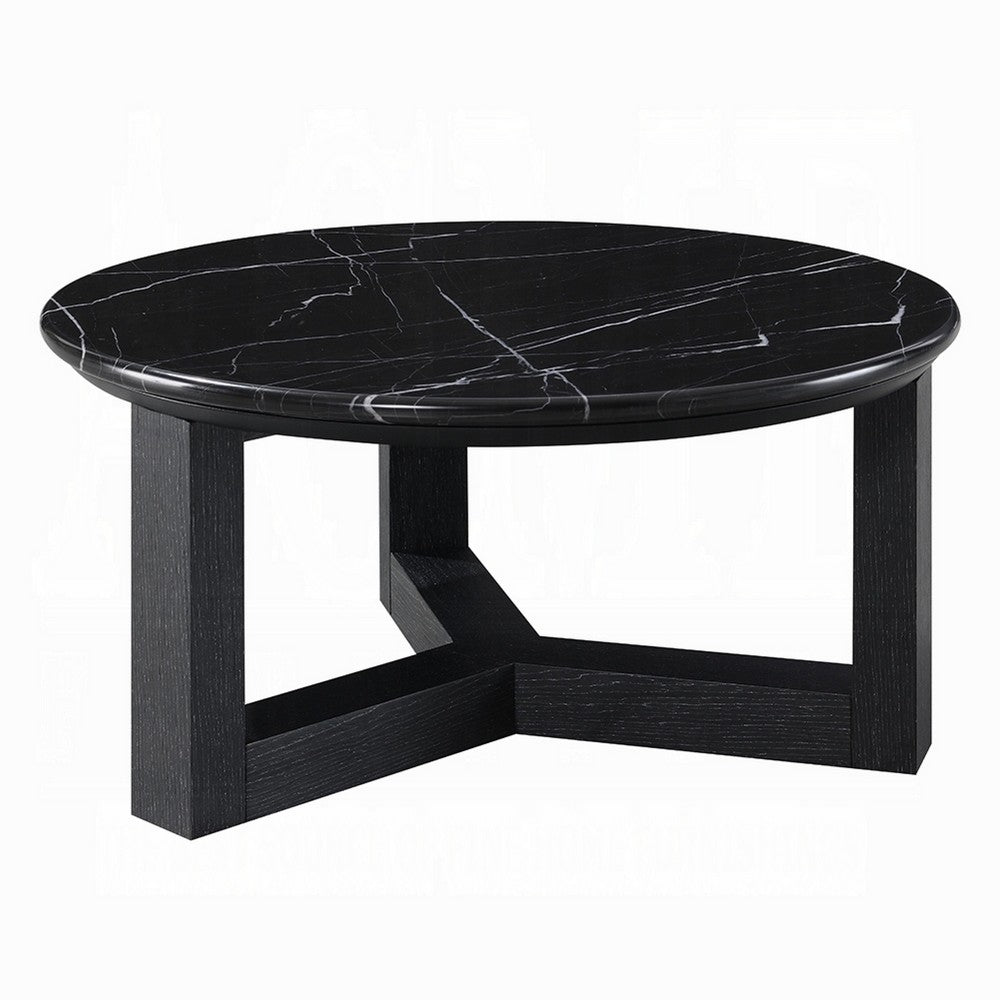 Kia Coffee Table | Round Marble Top | Three Leg Wood Base | Black 24"