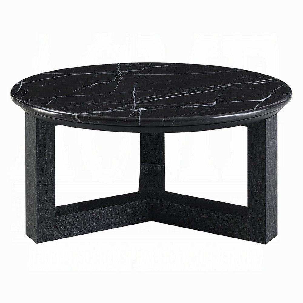 Kia Coffee Table | Round Marble Top | Three Leg Wood Base | Black 24"
