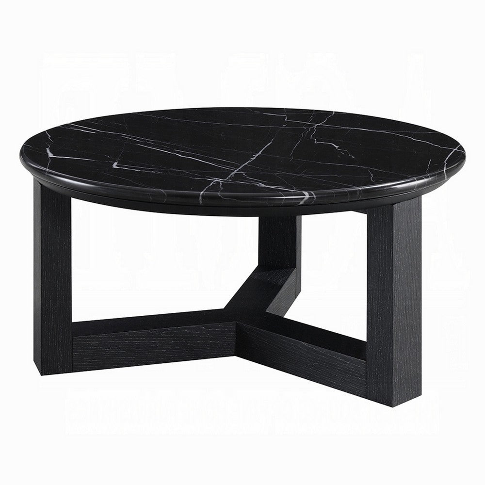 Kia Coffee Table | Round Marble Top | Three Leg Wood Base | Black 24"