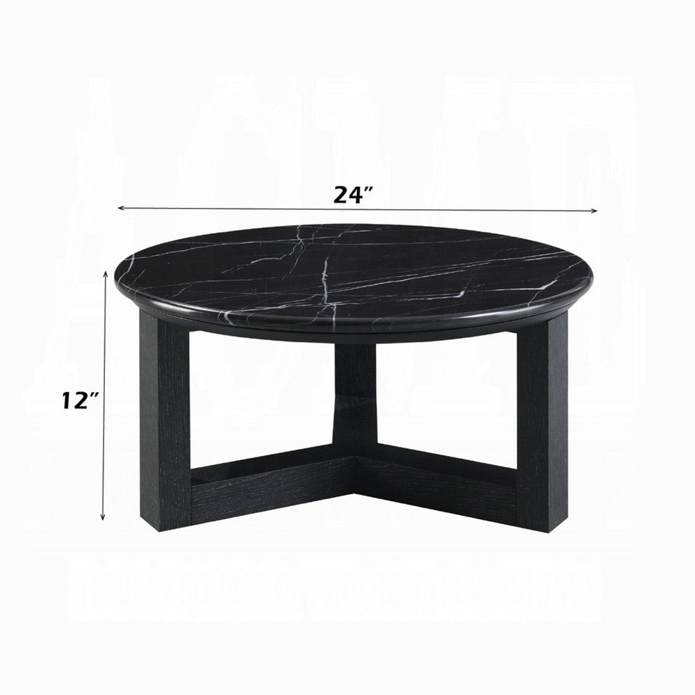 Kia Coffee Table | Round Marble Top | Three Leg Wood Base | Black 24"