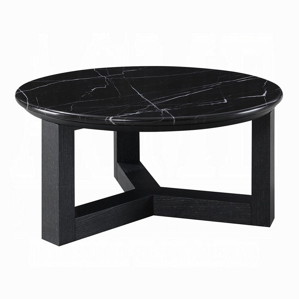 Kia Coffee Table | Round Marble Top & Three Leg Wood Base | Black 32"