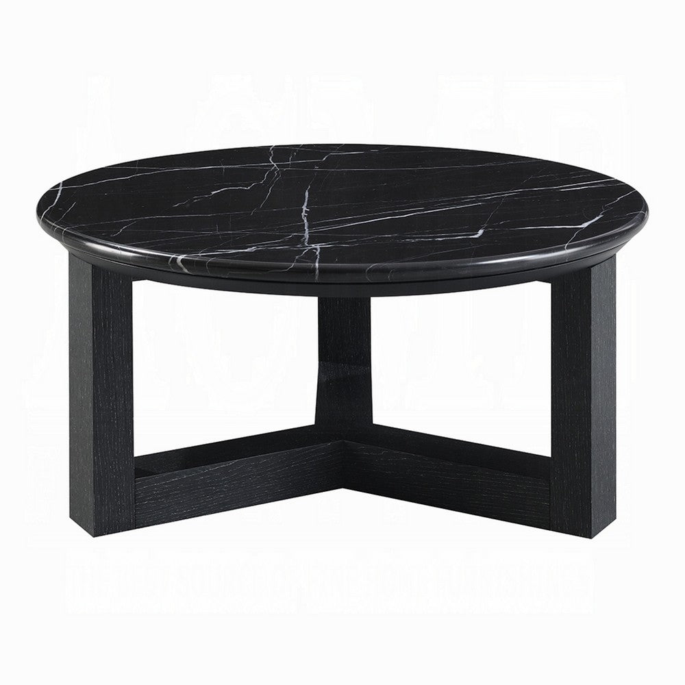 Kia Coffee Table | Round Marble Top & Three Leg Wood Base | Black 32"