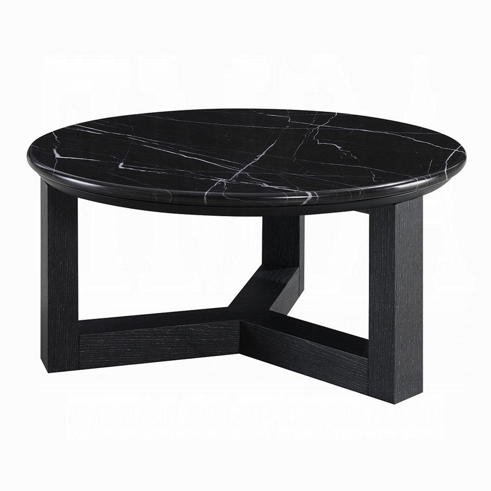 Kia Coffee Table | Round Marble Top & Three Leg Wood Base | Black 32"
