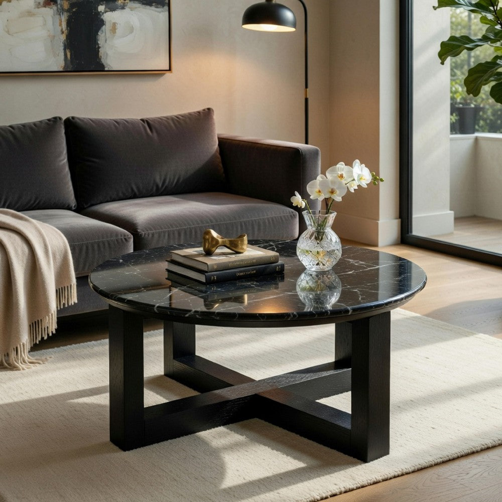Kia Coffee Table | Round Marble Top & Three Leg Wood Base | Black 32"