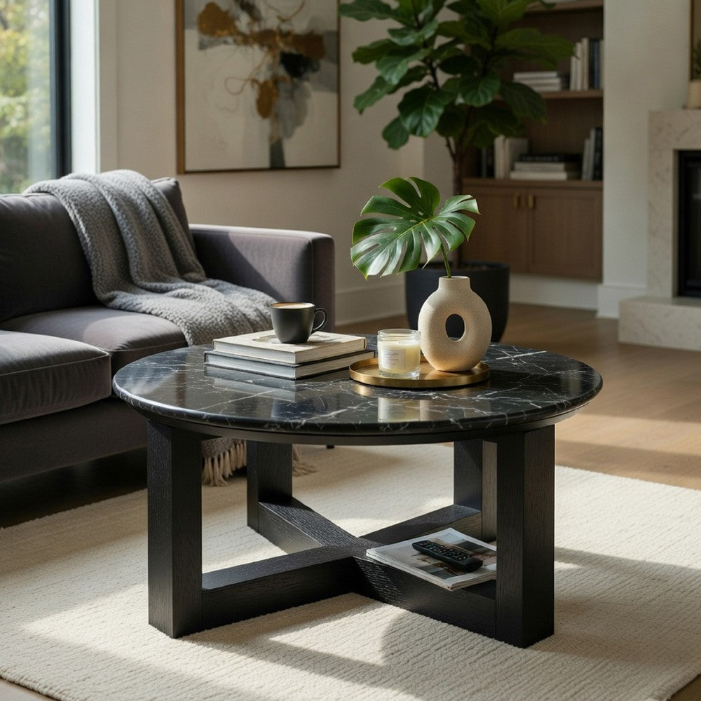 Kia Coffee Table | Round Marble Top & Three Leg Wood Base | Black 32"