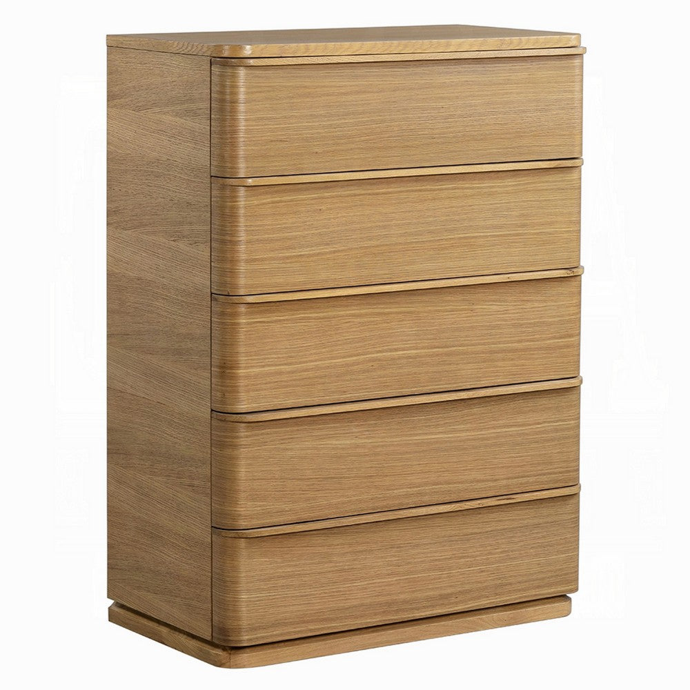Sery Tall Dresser Chest | 5 Drawers Minimalist Lip Handles | Oak Brown Wood