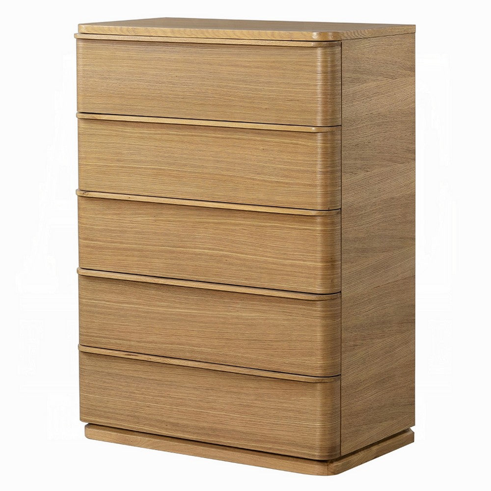 Sery Tall Dresser Chest | 5 Drawers Minimalist Lip Handles | Oak Brown Wood