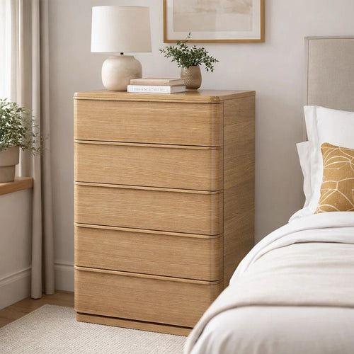 Sery Tall Dresser Chest | 5 Drawers Minimalist Lip Handles | Oak Brown Wood