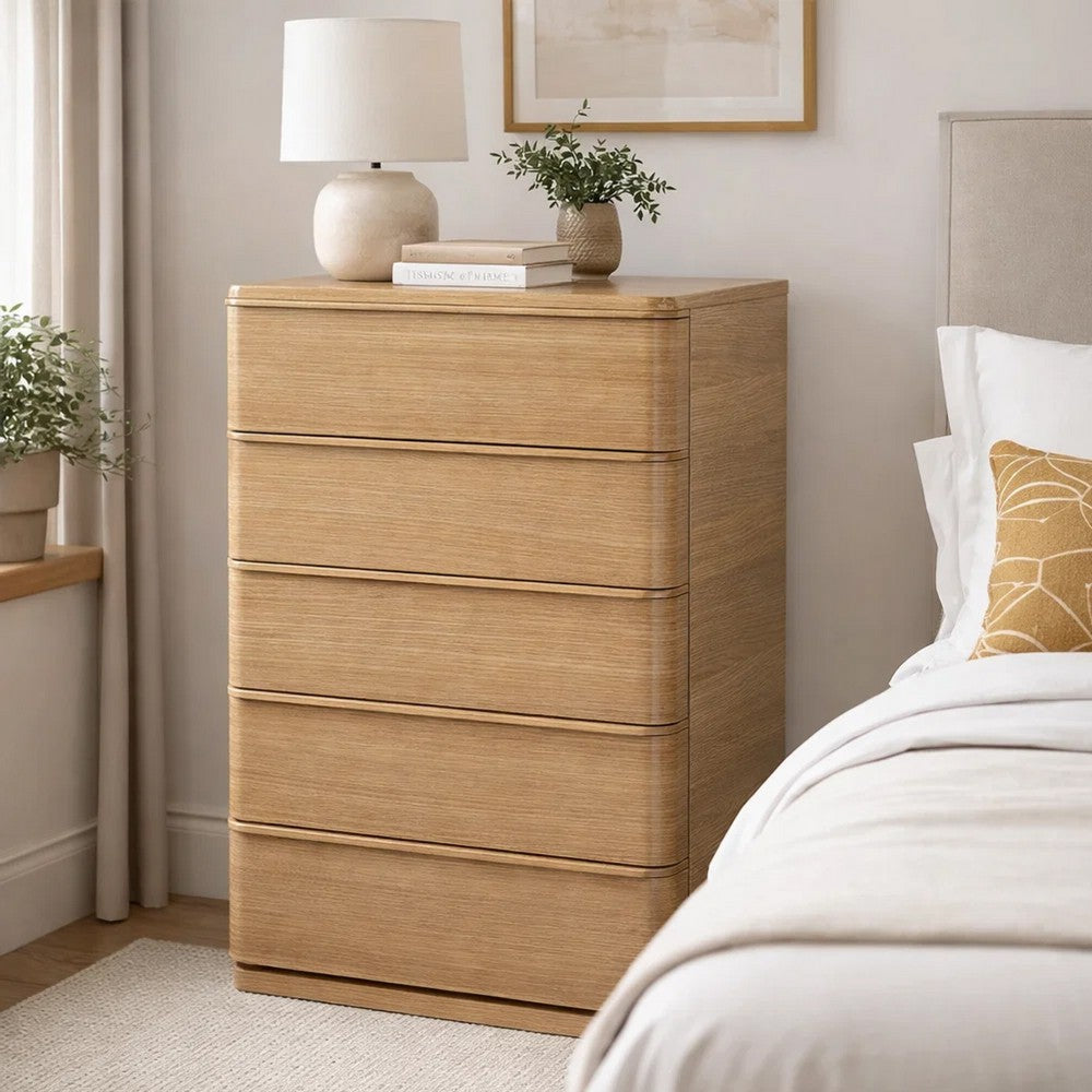 Sery Tall Dresser Chest | 5 Drawers Minimalist Lip Handles | Oak Brown Wood