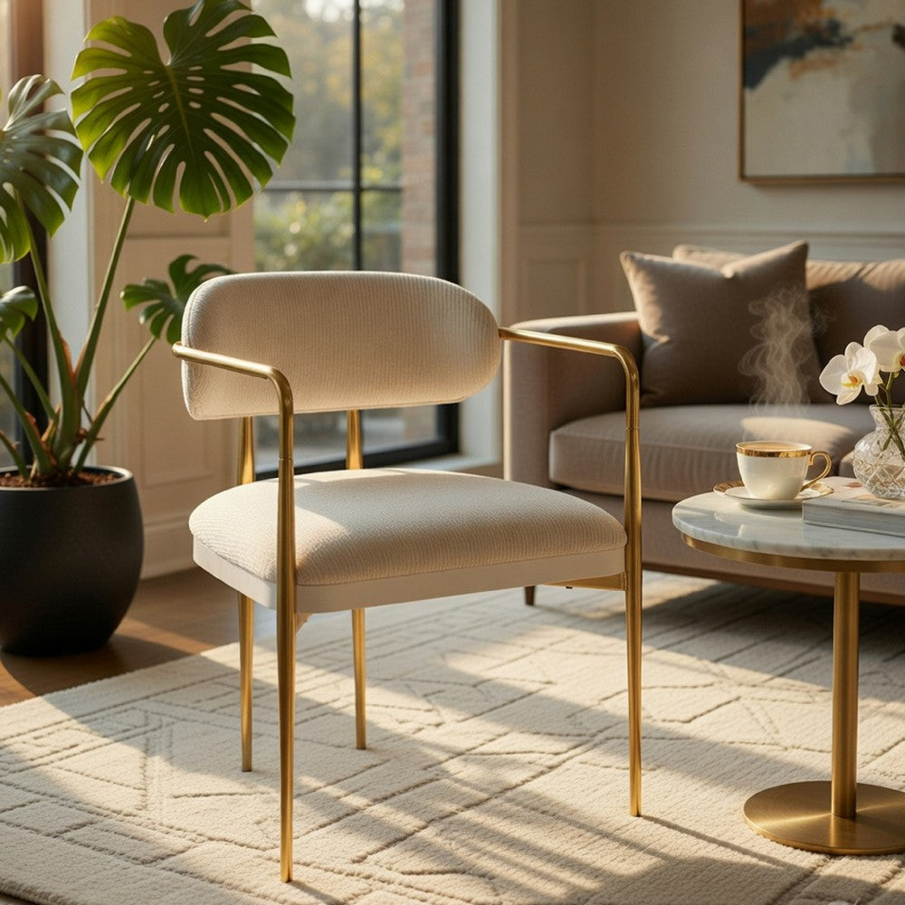 Ayan Accent Club Chair Set of 2 | Curved Foam Beige Chenille | Gold Metal