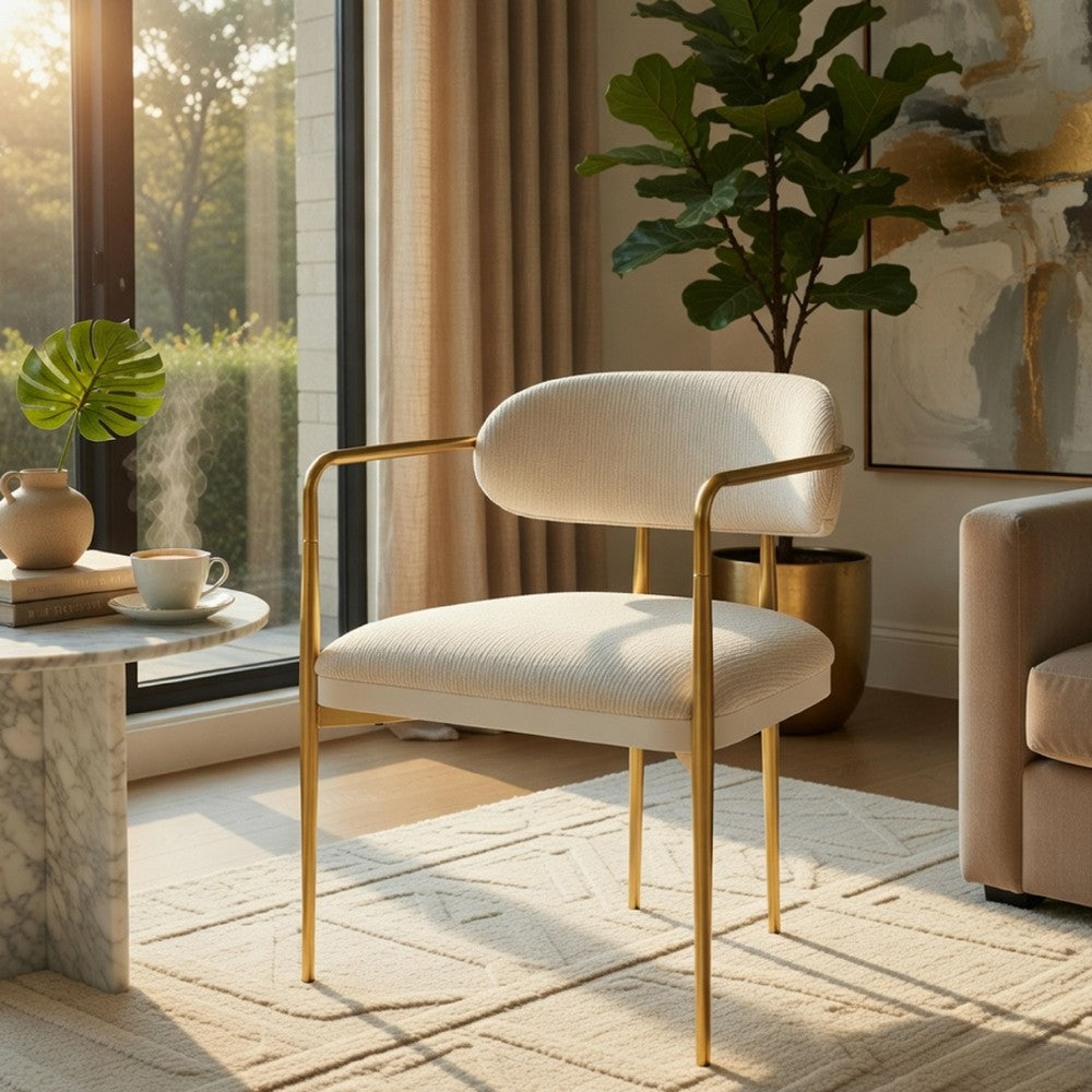 Ayan Accent Club Chair Set of 2 | Curved Foam Beige Chenille | Gold Metal