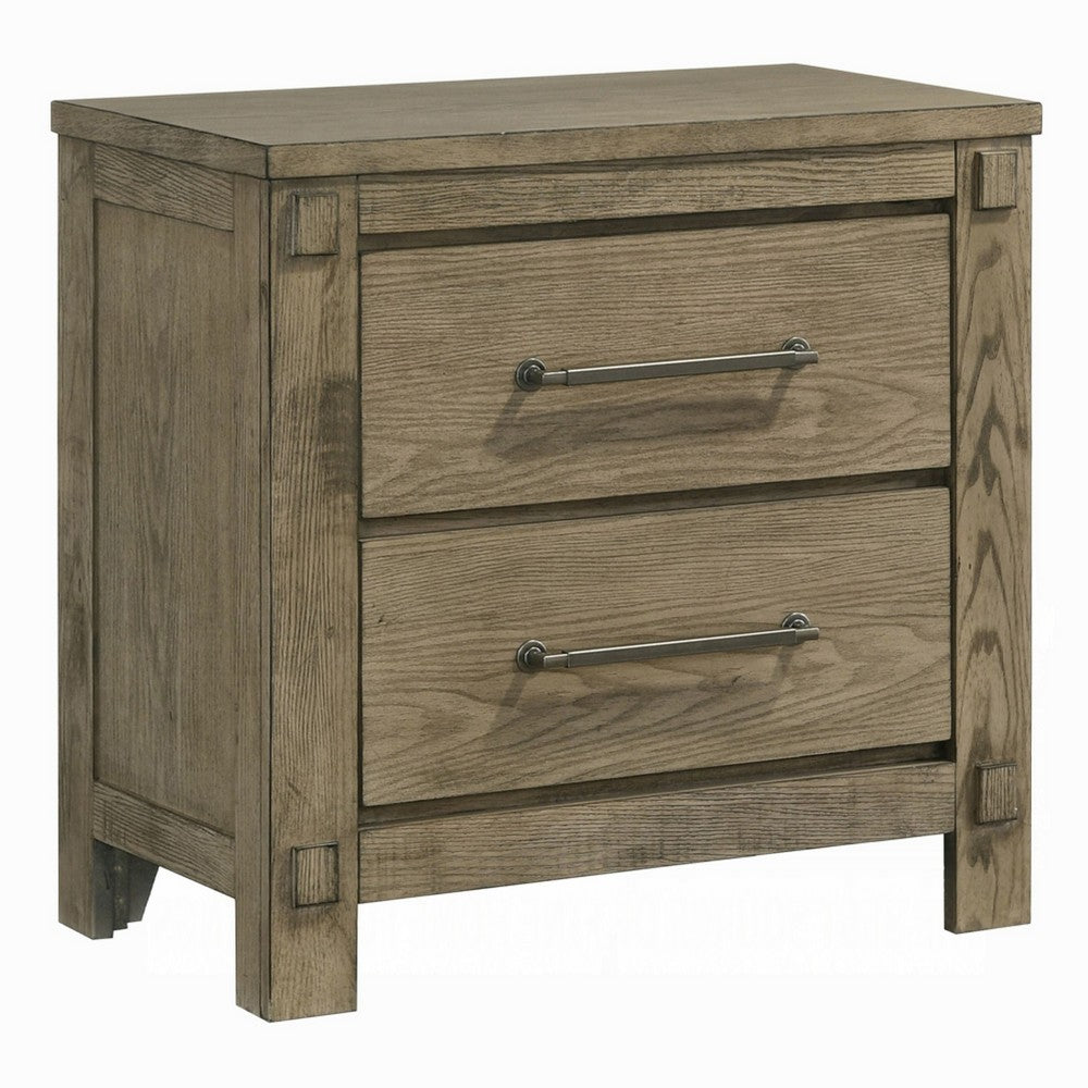 Cera Nightstand | 2 Drawers Bronze Handles | Antique White Oak Tone Wood