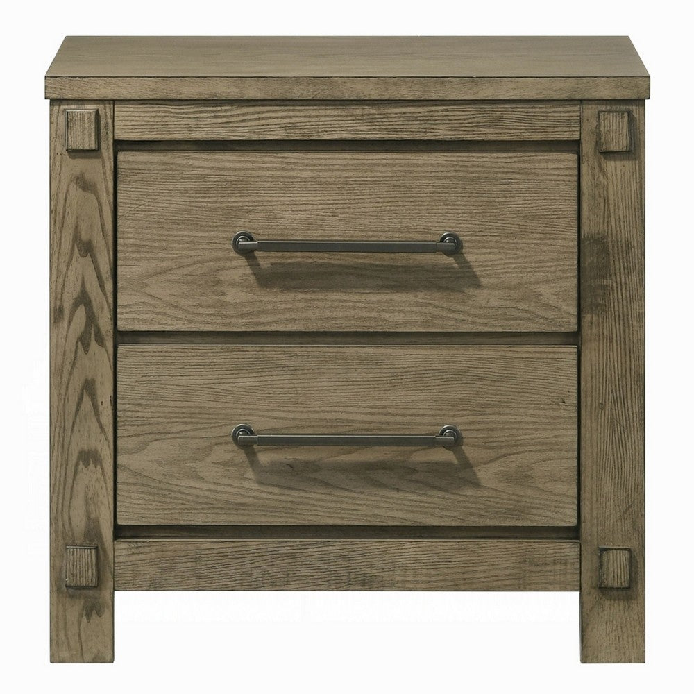 Cera Nightstand | 2 Drawers Bronze Handles | Antique White Oak Tone Wood