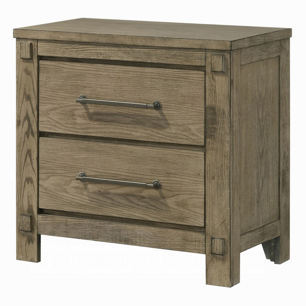 Cera Nightstand | 2 Drawers Bronze Handles | Antique White Oak Tone Wood