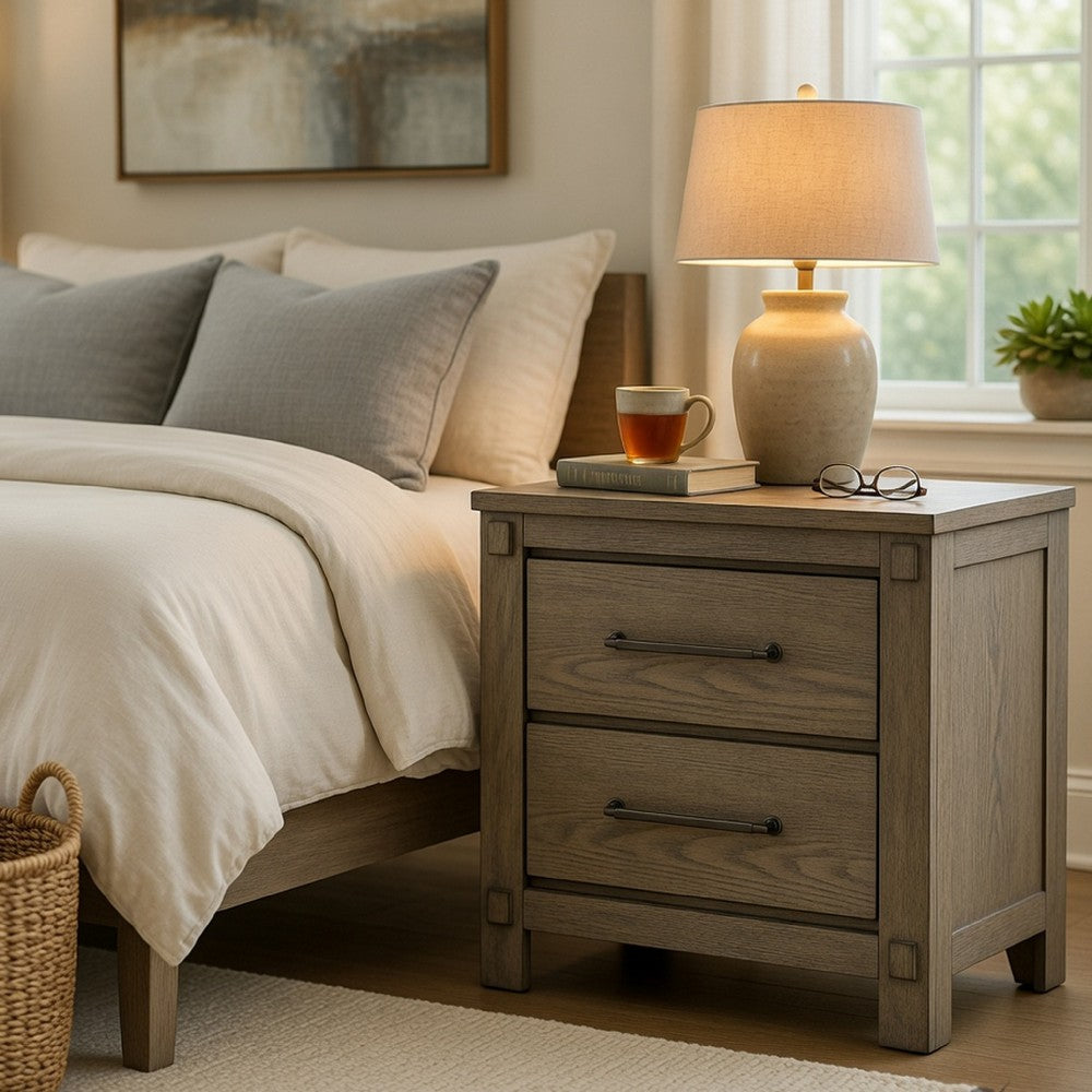 Cera Nightstand | 2 Drawers Bronze Handles | Antique White Oak Tone Wood
