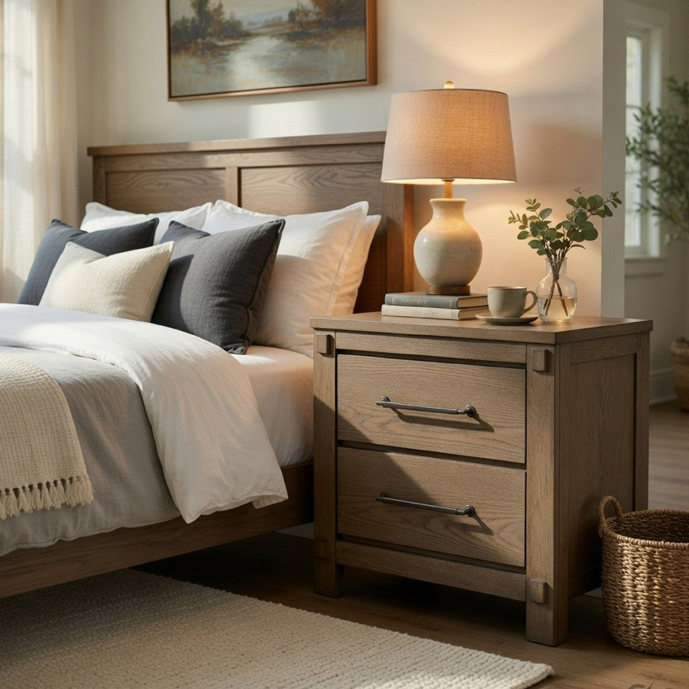 Cera Nightstand | 2 Drawers Bronze Handles | Antique White Oak Tone Wood