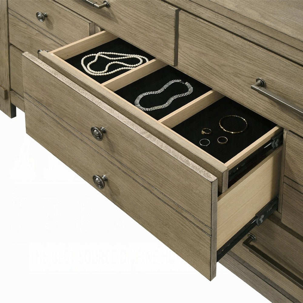 Cera Wide Dresser | 7 Drawers | Bronze Handles | Antique White Oak Tone Wood