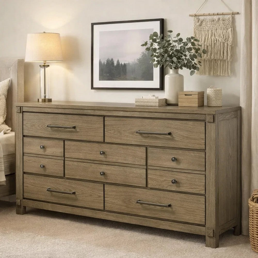 Cera Wide Dresser | 7 Drawers | Bronze Handles | Antique White Oak Tone Wood