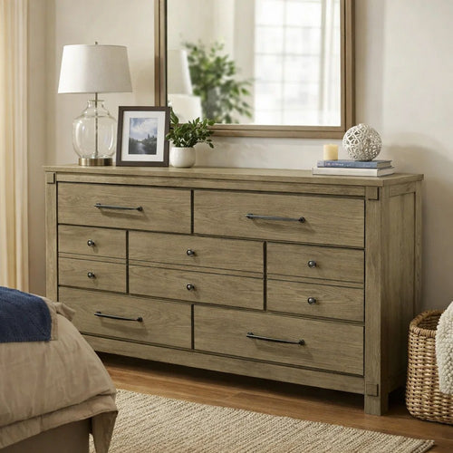 Cera Wide Dresser | 7 Drawers | Bronze Handles | Antique White Oak Tone Wood