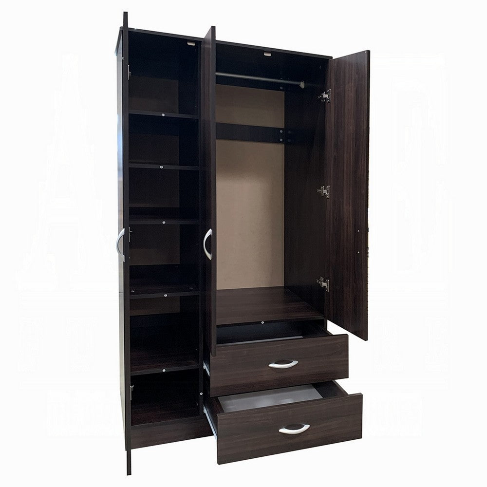 Leh 3 Door Wardrobe Closet with 2 Drawers | Dark Espresso Brown Wood | 72"