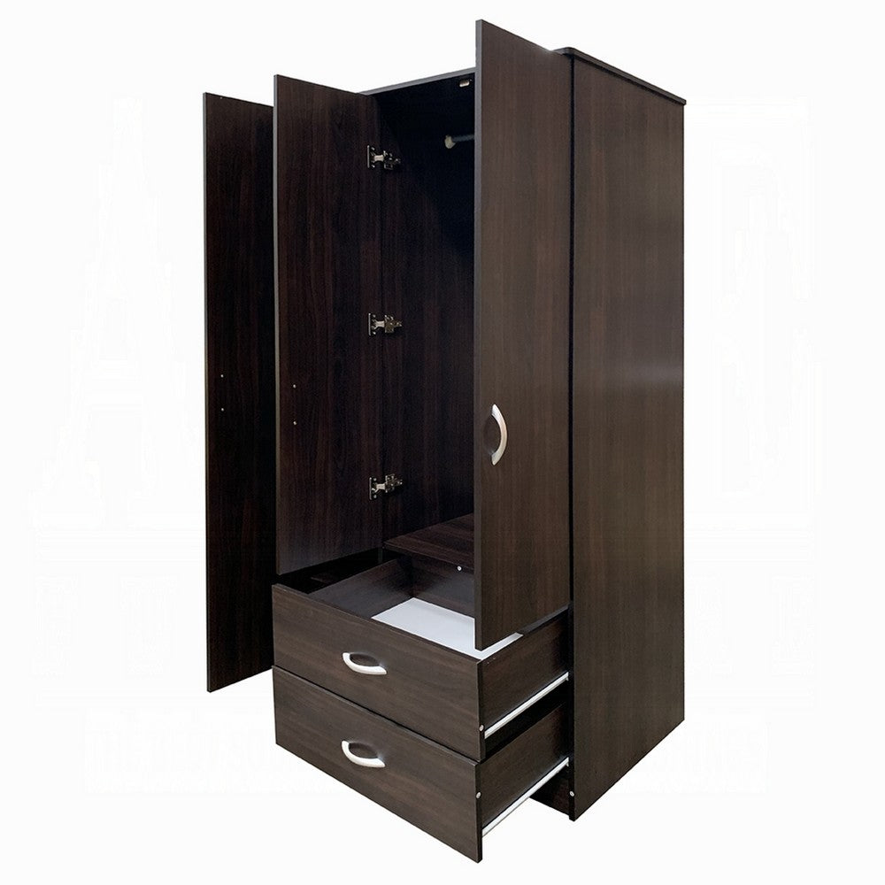 Leh 3 Door Wardrobe Closet with 2 Drawers | Dark Espresso Brown Wood | 72"