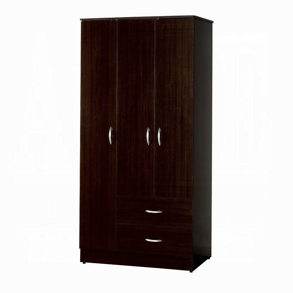 Leh 3 Door Wardrobe Closet with 2 Drawers | Dark Espresso Brown Wood | 72"