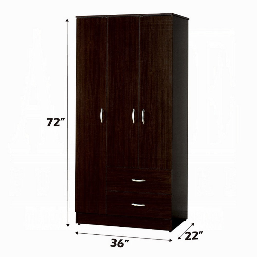 Leh 3 Door Wardrobe Closet with 2 Drawers | Dark Espresso Brown Wood | 72"