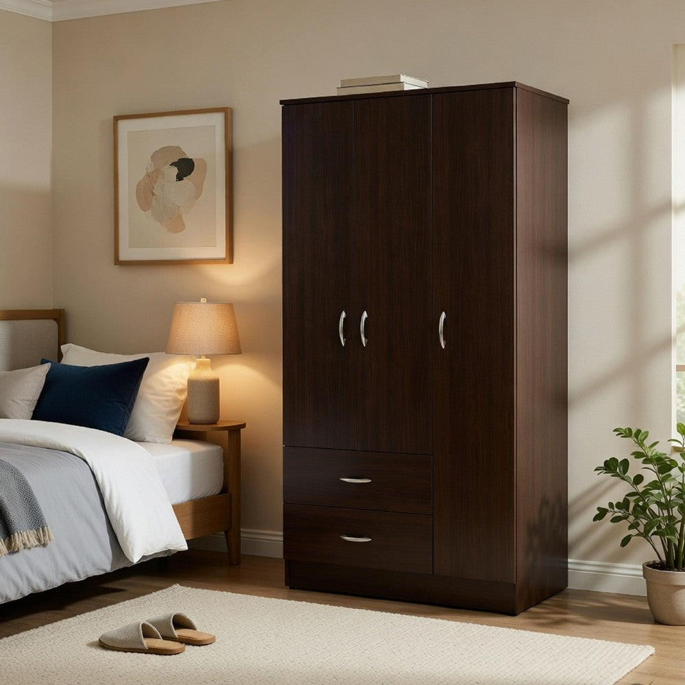 Leh 3 Door Wardrobe Closet with 2 Drawers | Dark Espresso Brown Wood | 72"